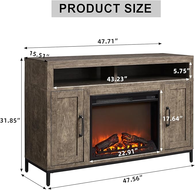 Fireplace TV Stand for TVs Up to 65 Inches, Farmhouse Entertainment Center with 23" Fireplace & LED Lights, Rustic Media Console with Sliding Barn Door and Open Shelves