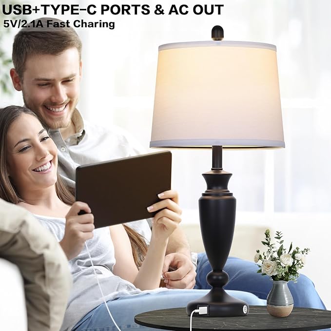 27'' Black Table Lamps Set of 2, 3 Way Touch Control Living Room Lamps with USB A+C Ports, Modern Bedside Lamps, Elegant Metal Nightstand Lamps for Bedroom Office End Table Decoration