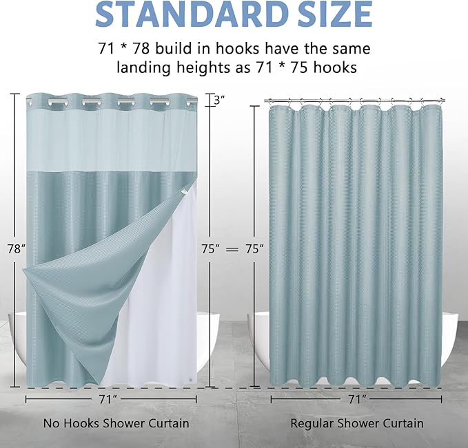 Heavy Duty 180GSM Shower Curtain 71x78 Inch,Magnetic Weighted Hem and Waterproof Fabric,No Hook Needed Design with Hotel-Grade Waffle Weave,Fog Blue Machine Washable,Mesh Top Window.
