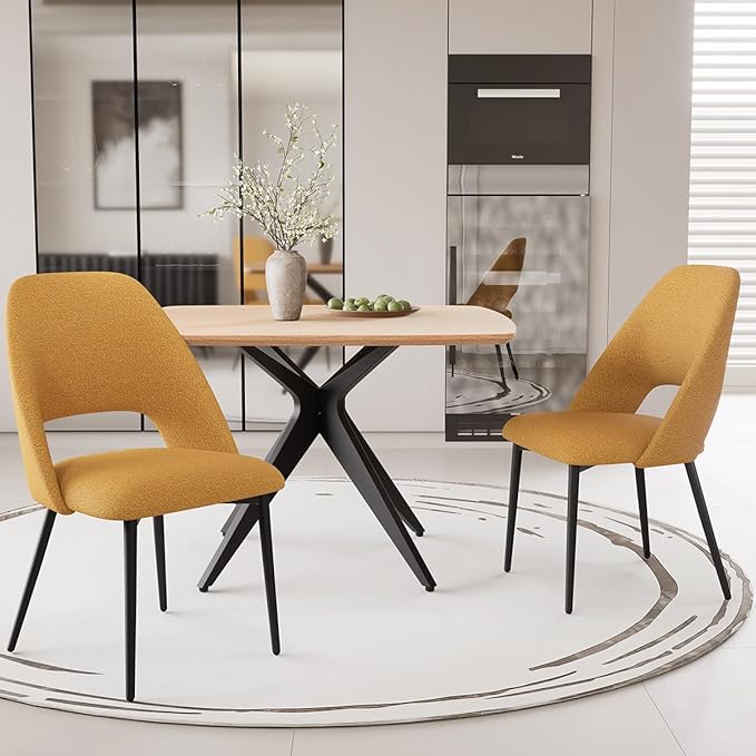 Kidol & Shellder 45.2" Square Dining Table Set for 2-4 People Modern MDF Wooden Dining Room Table with X-Shaped Metal Base Kitchen Table（Natural Table+2pcs Yellow Chairs）