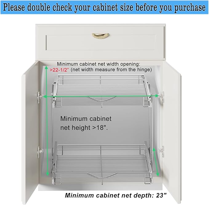 DINDON Pull Out Cabinet Organizer (22-1/2" W x 21-1/2"D), Cabinet Pull Out Shelves, 2 Tier Pull Out Drawers for Kitchen Cabinets, Wire Basket Slide Out Shelf, Pot and Pan Organizer