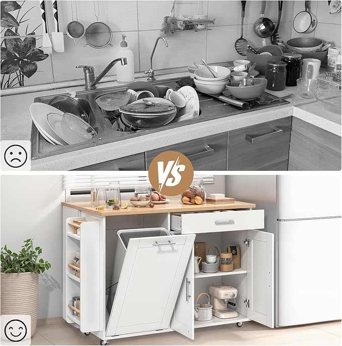 Kitchen Island with Storage & Drop Leaf- Rolling Island Cart with Wheels, Rubberwood Top, Trash Bin Cabinet & Towel Rack, White Farmhouse Style Island Table for Kitchen