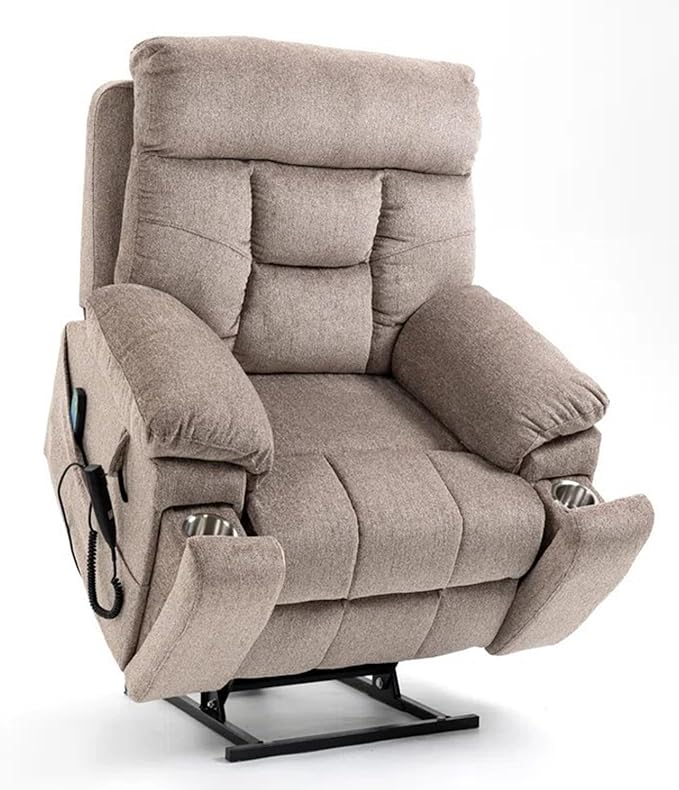 180 Degrees Lay Flat Recliner Chair with Heat and Massage and Cup Holder, Dual OKIN Motors Overstuffed Wide Lift Chairs Recliners for Elderly (Light Brown)