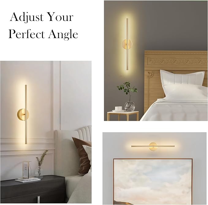 Battery Operated Wall Sconces, Dimmable Wall Sconces Set of Two, 350°Rotate, 3000K LED Gold Wireless Wall Light for Living Room, Bedroom, Hallway, 20.4 Inch (2 Pack)