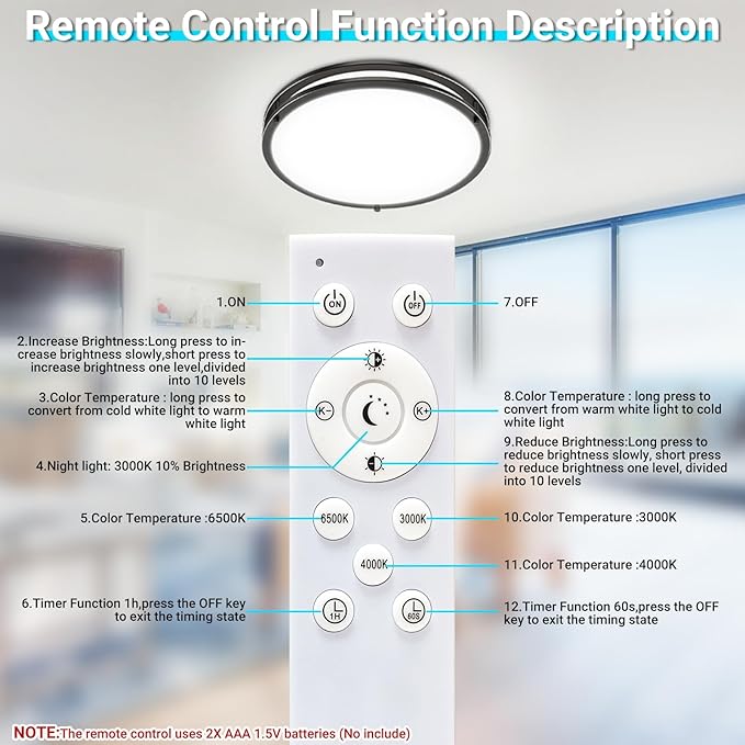 libtit 13 Inch LED Ceiling Lights with Remote for Bedroom Kitchen, 24W 2400lm Super Bright & Dimmable Flush Mount Light Fixtures, 2700K-6500K Adjustable Modern Lamps with Timer, Black, 2Pack