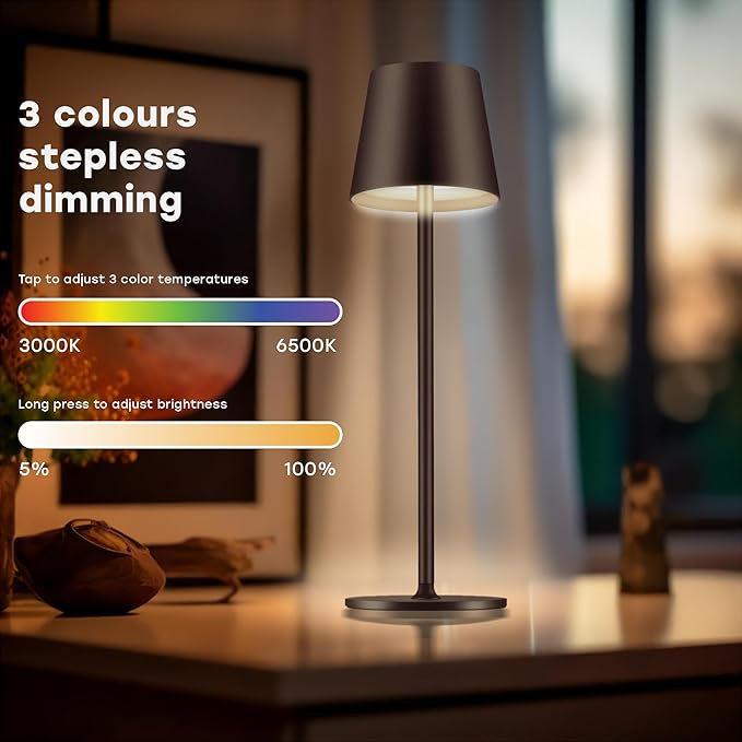 2 Pack Cordless Table Lamp,Portable LED Desk Lamp, 5200mAh Battery Operated, 3 Color Stepless Dimming Up, for Restaurant, Bedroom, Bars, Outdoor Party, Camping, Coffee Shop Night Light Coffee