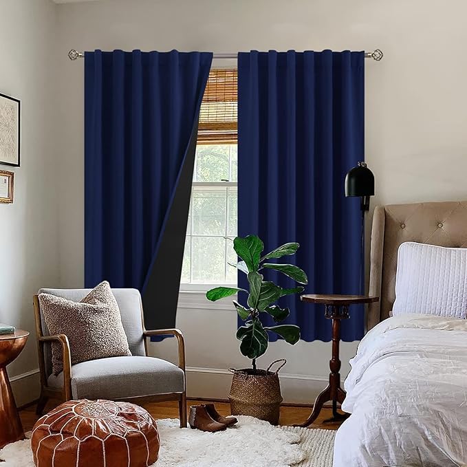 BGment Navy Blue 100% Blackout Curtains 63 Inches Long with Reducing Noise Liner, Rod Pocket and Back Tab Double Layer Full Room Darkening Window Curtain for Bedroom, 2 Panels, Each 52 x 63 Inch