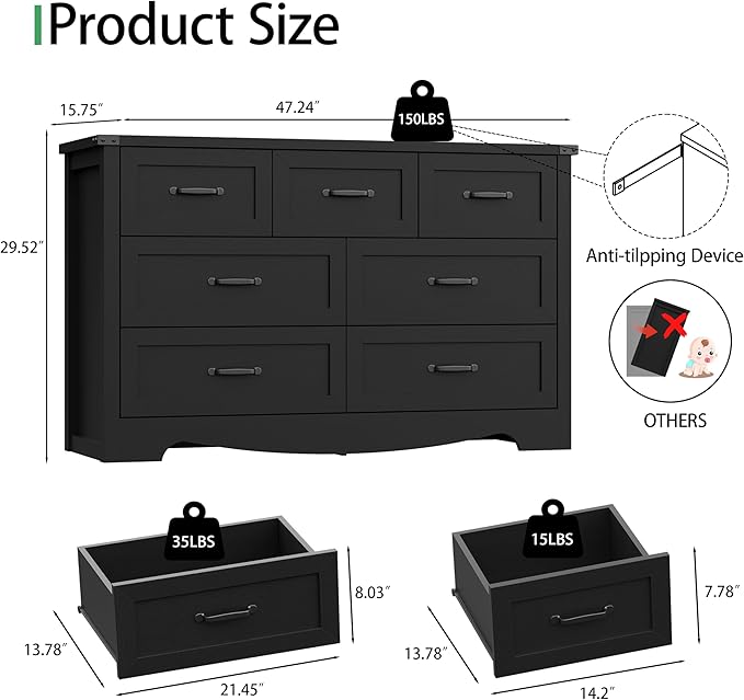 Dresser for Bedroom with 7 Drawers, 48" Wide Wood Chest of Drawers with Deep Drawers & Mental Handle, Modern Dresser TV Stand, Wooden Closet Storage Organizer for Living Room, Hallway, Entryway, Black
