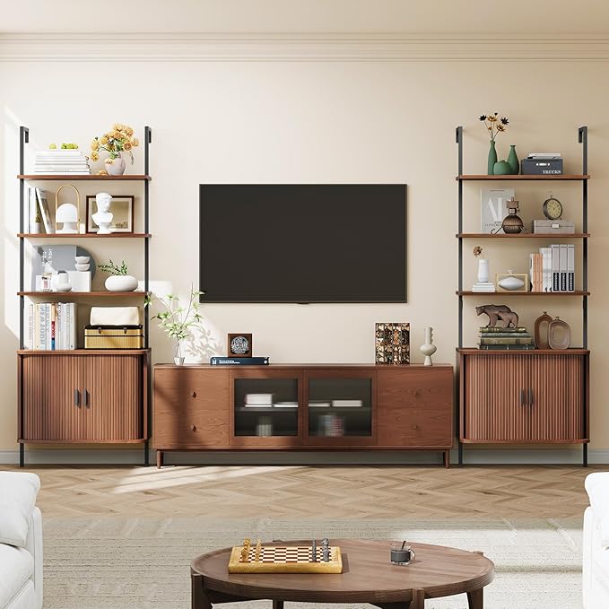 72" Tall Fluted Bookshelf, 4-Tier Open Display Ladder Shelf with Sliding Tambour Doors, Modern Wall Mounted Bookcase Cabinet with Metal Frame for Living Room, Bedroom, Home Office, Walnut