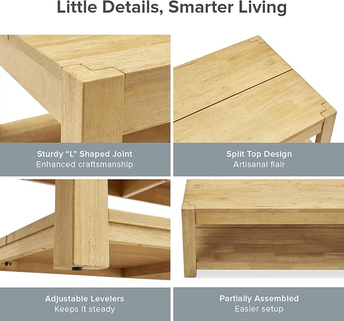 mopio Logan Solid Wood 2-Tier Rectangle Coffee Table, Modern Farmhouse Solid Rubberwood with Light Wire Brush L Shaped Leg Joint