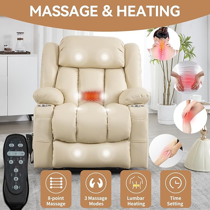 Electric Lay Flat Recliner Chair with Vibration Massage Heat for Elderly People, Power Lift Chair with Dual Motor Cup Holders, Faux Leather Beige