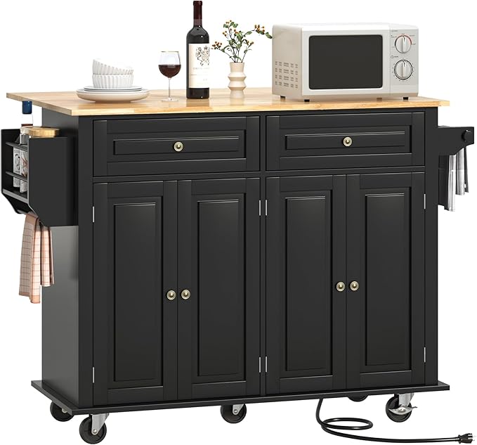 51.2" Movable Kitchen Island with Drop Leaf and Power Outlet, Rolling Island Cart w/Storage Cabinet, Island Table on Wheels for Kitchen w/2 Drawers, Spice Rack, Towel Bar, Garage Hook, Black