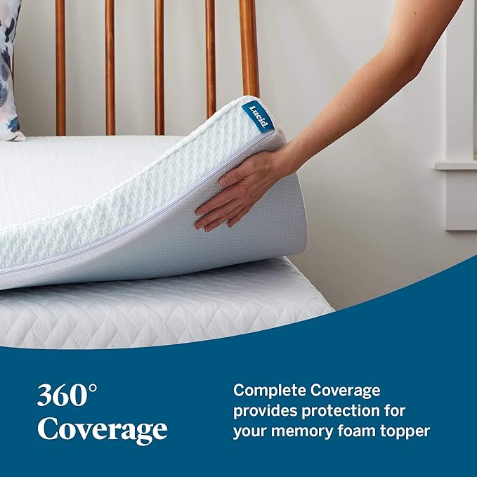LUCID 2 Inch Gel Memory Foam Mattress Topper with Cover - Full Size - CertiPur-US Certified - White