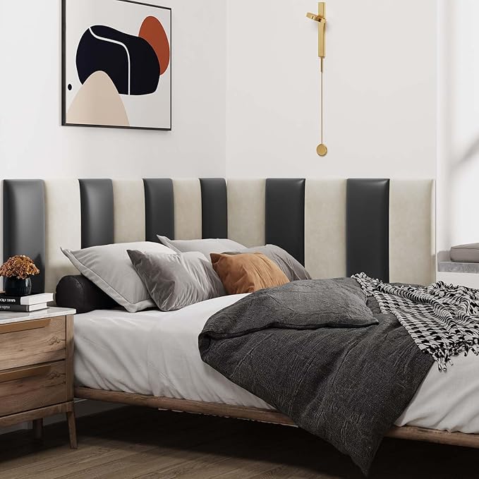 IFNOW Wall Mounted Upholstered Headboard King, 12 Panels 3D Peel and Stick Soundproof Wall Panels, Reusable and Removable Padded Headboard Leather Bed Headboard, 9.84" x 23.62", Black