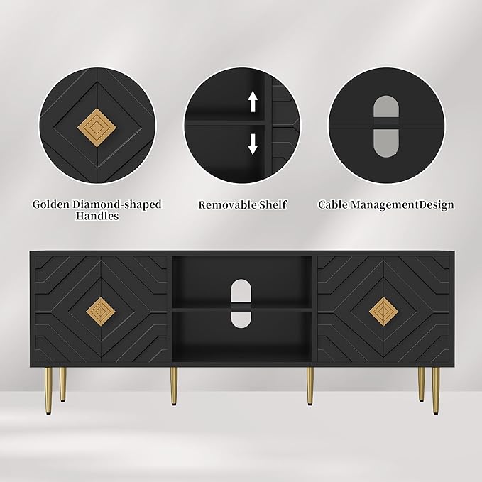 HLR 63''Modern Black TV Stand for 65/70/75 inch TV, Entertainment Center with Storage Cabinet, Mid CenturyTV Console,Embossed Pattern TV Stand, TV Media Console for Living Room, Bedroom