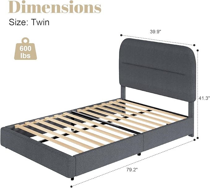 Twin Size Boucle Bed Frame, Upholstered Bed Frame with Rounded Headboard, Soft Modern Twin Bed Frames with Thickened Footboard, Rounded Corners, No Box Spring Needed, Easy Assembly, Grey