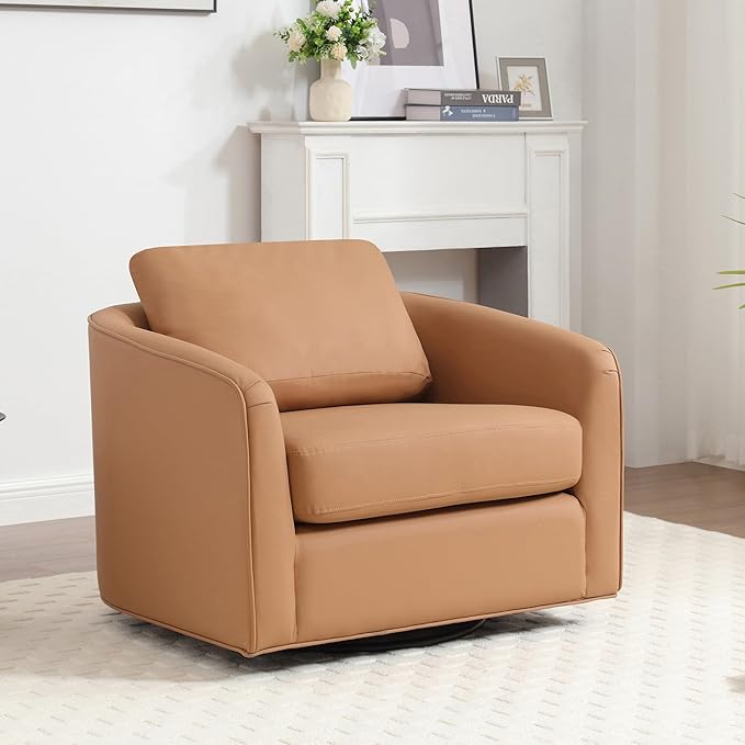 MINCETA Accent Chairs,Oversized 360 Swivel Armchair(Seat Area:25.6" D x 26.8" W),Modern Comfy Reading Chairs for Living Room with Metal Base,PU Leather in Brown