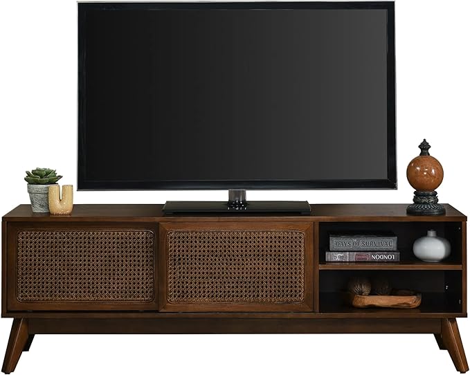 59 inch Mid Century Modern TV Stand with Rattan Cabinet Doors, Boho Entertainment Center for 55/60/65 inch TVS, Media Console for Living Room/Bedroom, Dark Walnut