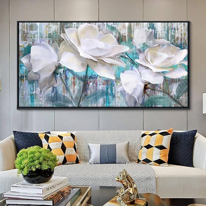 Large Canvas Flower Pictures Wall Art White Floral Modern Painting Wall Decor for Living Room Framed Artwork for Walls Bedroom Decoration Above Bed Size 24×48IN
