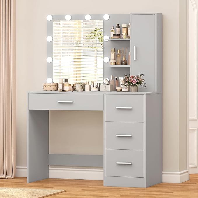 usikey Makeup Vanity with Lights, Vanity Desk with Mirror and 10 LED Lights, Vanity Table Set with 4 Drawers, Cabinet & 4 Necklace Hooks, Dressing Table for Bedroom, Grey