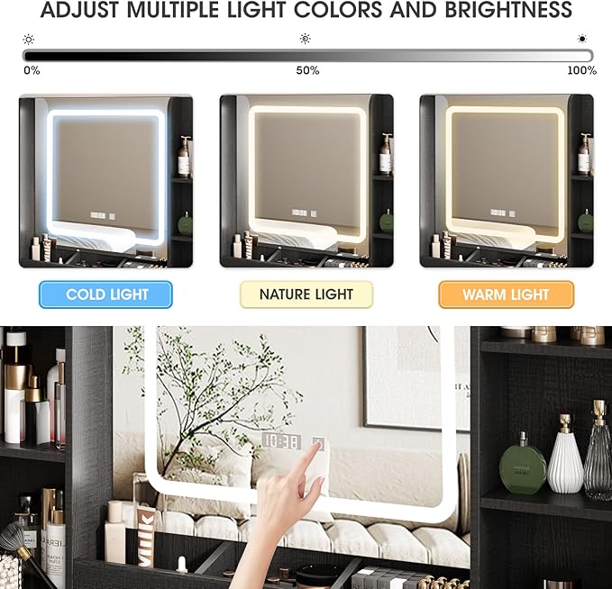 Vabches Black Vanity Desk, Vanity Mirror with Lights, Makeup Desk with Stool, Makeup Table with Large Storage Drawers and Shelves, Time and Temperature Display, 3 Led Lighting Modes Adjustable