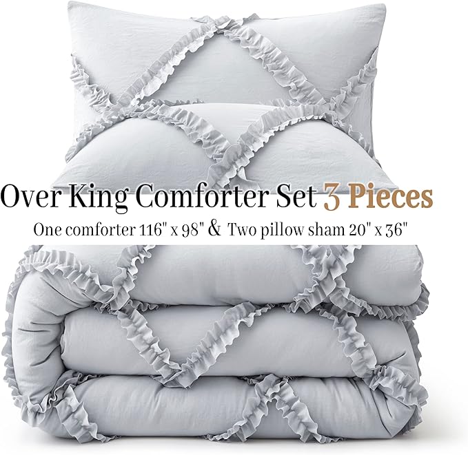 Bonlino Oversized King Comforter Set Soft Bedding - 3 Pcs Tufted Decor Fluffy Comforter Boho Bed in a Bag with Cute Lightweight Pillowcase for Dorm Farmhouse Bedroom Luxury Gift(Light Grey)