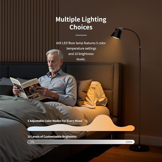 AXX Reading Floor Lamp for Living Room, Flexible Gooseneck Standing Lights for Task, Craft, Architect - Small-Shade, Metal, LED, Black, Bright, Dimmable