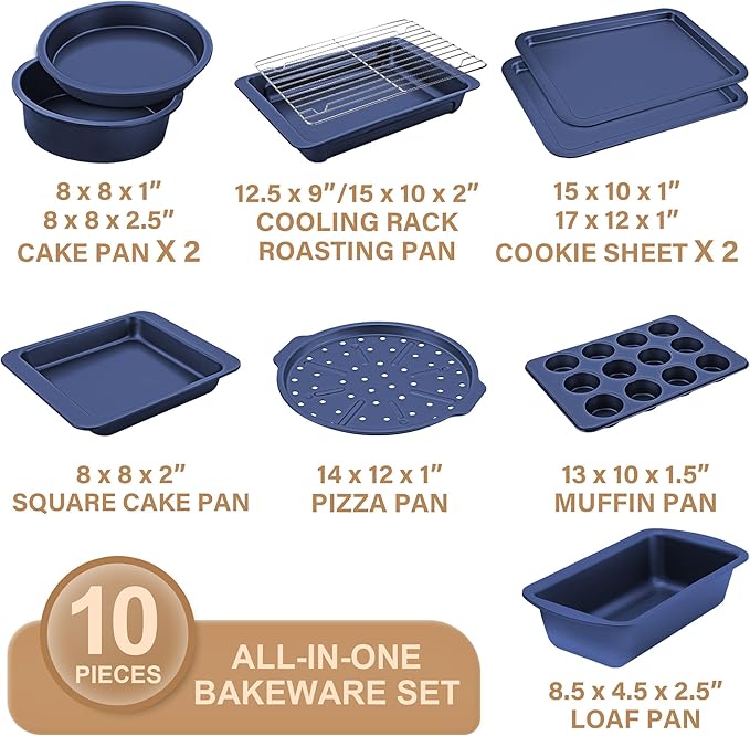 HONGBAKE Bakeware Sets, Baking Pans Set, Nonstick Oven Pan for Kitchen with Wider Grips, 10-Piece Including Rack, Cookie Sheet, Cake Pans, Loaf Pan, Muffin Pan, Pizza Pan - Blue