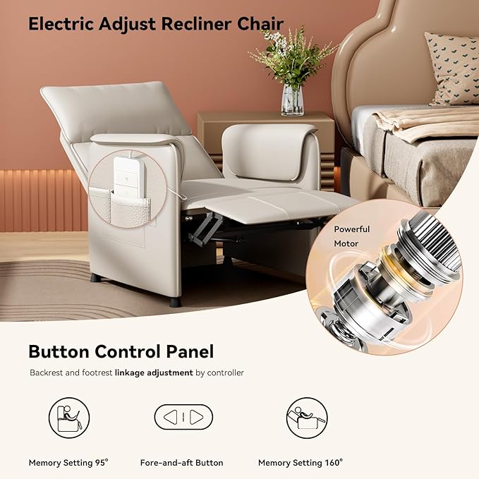 Recliner Chair，Electric Adjustable PU Leather Recliner with Remote Control and Padded Backrest,Recliner Single Sofa Seat with Thick Seat Cushion for Living Room Bedroom Home Theater (Beige)