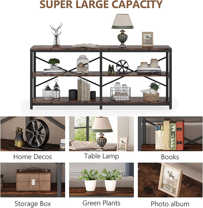 Tribesigns 70.9 Inch Extra Long Console Table, Modern Sofa Table Behind Couch Table with Storage Shelves, 3-Tier Industrial Hallway Entryway Table for Living Room, 3 Shelf Bookshelf(Brown)