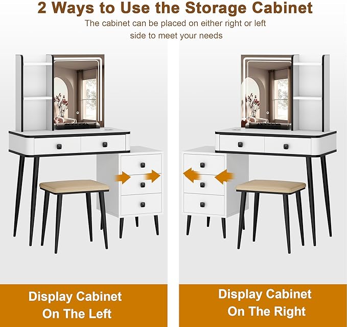 soges Vanity Desk Set, Combined Makeup Vanity LED Mirror and Lights, Cushioned Stool, Dressing Table with Storage Cabinet, Storage Drawers & Shelves, Wireless Power Outlests, White
