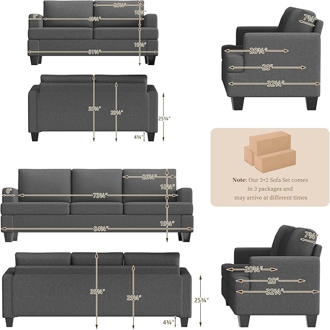 Furnimart Modern 3 Seater Couch and Loveseat Sets, Couches Set of 2 for Living Room, Deep Seat Sectional Sofa and Love Seat Set, Dark Grey