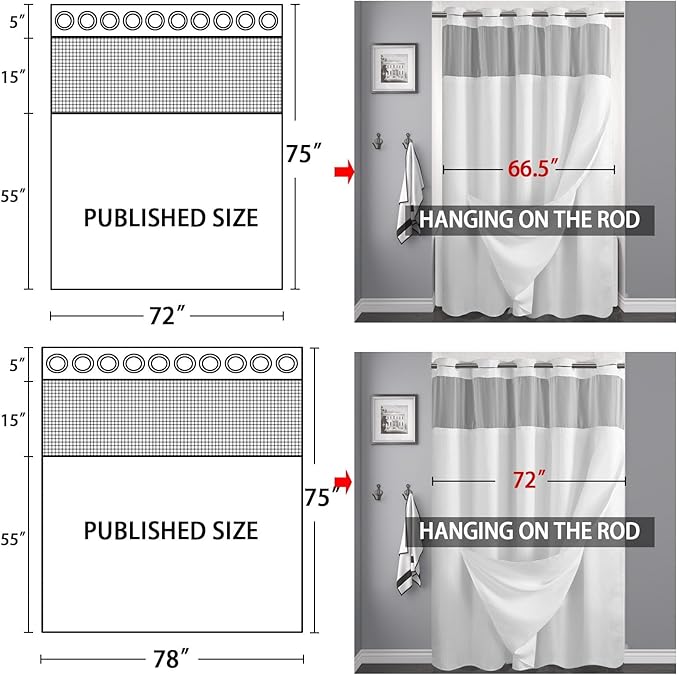 YellyHommy No Hook Shower Curtain with Snap in Fabric Liner Set Less Time White Waffle Shower Curtain for Bathroom 75" L x 78" W