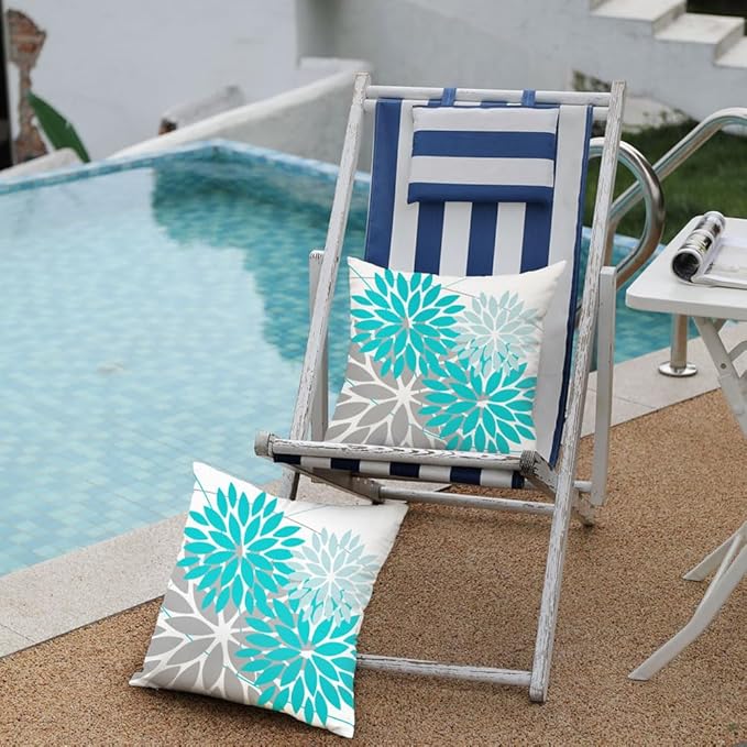 DFXSZ Outdoor Throw Pillow Covers 16x16 Inch Set of 2 Waterproof Spring Summer Geometric Elegant Aqua Blue Outdoor Pillow Covers for Patio Funiture Garden Couch 168C16