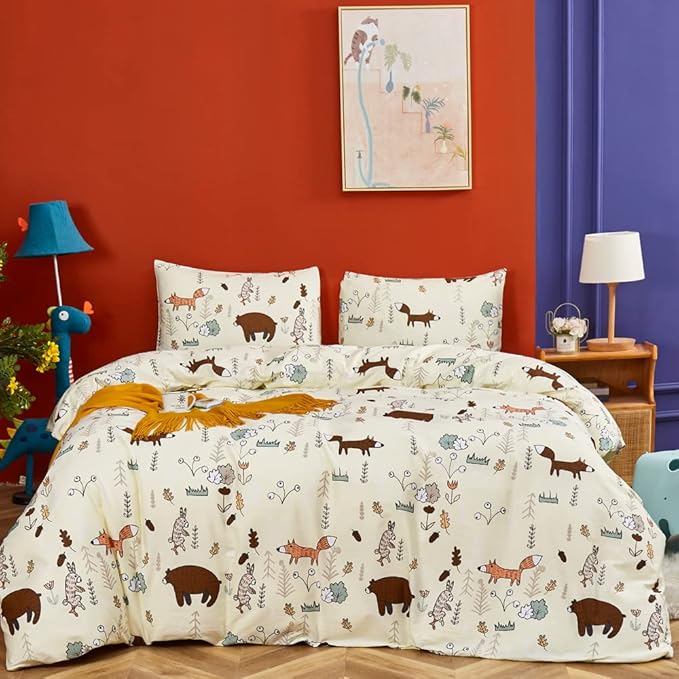 CLOTHKNOW Kids Comforter Set Twin/Twin XL 3Pcs Yellow Bear Bedding Comforter Sets Soft Animal Cartoon Comforter Fox Rabbit Beige Bedding with 2 x Pillow Cases