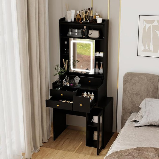 ARTETHYS Small Vanity Desk with Sliding Mirror and Lights Black Makeup Vanities Set with Drawers Compact Dressing Table with Cabinet and Adjustable Shelves for Bedroom