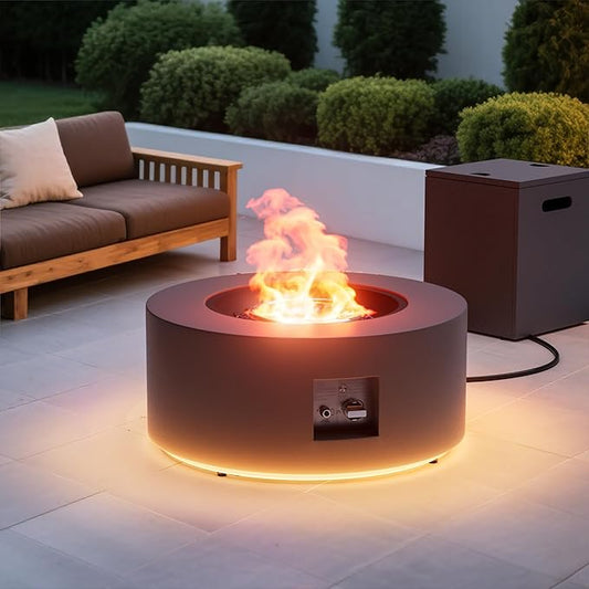 2-Piece 30" LED Round Propane Fire Pit for Outside Patio with Hidden Tank Table, 50,000 BTU Fireplaces with Lid, Glass Rocks, Cover(Dark Grey w/Golden Light)