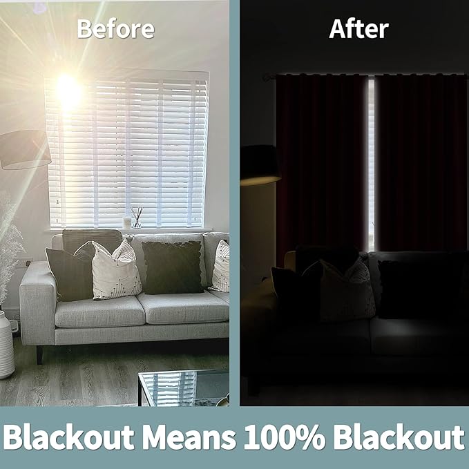 BGment Full Blackout Curtains with Insulated Lining Curtains 63 Inches Long，Rod Pocket and Back Tab Double Layer Room Darkening Window Curtain for Bedroom(42 x 63 Inch, 2 Panels, Burgundy Red)