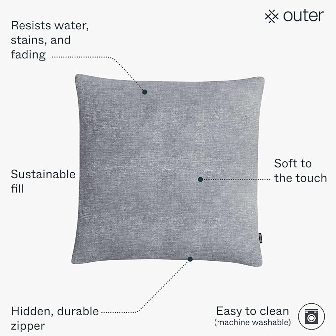 Outer Outdoor Throw Pillow with OuterWeave Performance Fabric, Decorative Outdoor Pillow for Patio & Outdoor Furniture, Includes Machine Washable Pillow Cover and Insert - Pacific Fog Gray, 20"x20"