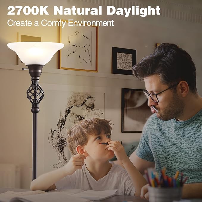 Torchiere Floor Lamp for Living Room, LED Standing Reading Light for Bedroom with Glass Shade for Living Room Corner Bedroom Home Office,Bulbs Included (Red Brown,Glass 1 Head)