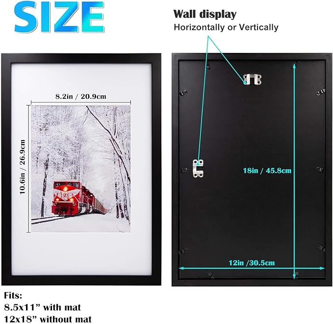 Egofine 12x18 Solid Wood Picture Frame, Made of Solid Wood Covered by Plexiglass 8.5x11 with Mat 12x18 without Mat, Poster Frame for Wall Mounting Hanging Photo Frame Vertically or Horizontally, Black