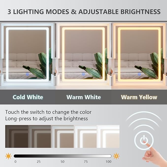 White Makeup Vanity Desk with Mirror and Lights, Large Vanity Table Set with Charging Station, Dressing Table with RGB Cabinets, Makeup Vanity Mirror with Light Desk and Drawers, 3 LED Lights Modes
