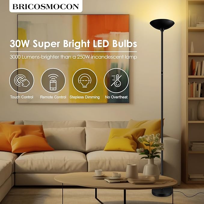 Stepless Dimmable Floor Lamp,30W 3000LM Super Bright LED Torchiere Floor Lamps with Remote & Touch Control,71 in Tall Modern Standing Lamp for Living Room Bedroom Office,2700k-6500k,Black