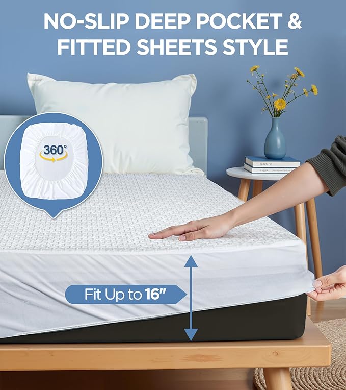 100% Waterproof Queen Mattress Protector, Hypoallergenic Viscose Made from Bamboo Mattress Cover, Breathable Cooling 3D Air Fabric Noiseless Bed Cover, Machine Washable Vinyl Free 8-16'' Deep Pocket