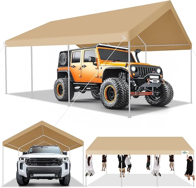COBIZI Carport 12x20ft Heavy Duty Portable Garage, 2.0 Powder Coated Frame(Better Than Galvanized), Waterproof Shelter with Built-in Sandbags, for Car/Boat/SUV, Khaki