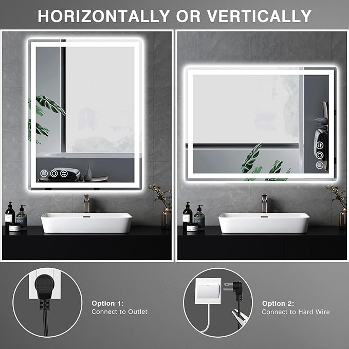 LED Bathroom Mirror 24"x 32" with Stepless Dimmable Wall Mirrors with Anti-Fog, Dimmable CRI>90, Vanity Mirror with 3 Color Modes, Shatter-Proof, Memory Bathroom Mirror with LED Lights