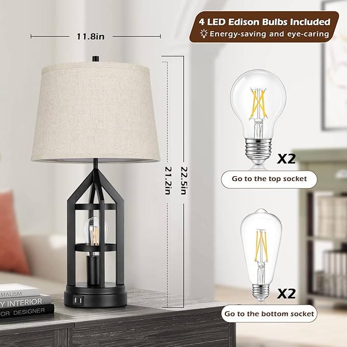 Farmhouse Table Lamps for Living Room Set of 2, 3-Way Dimmable Touch Control Bedside Lamps with 2 USB Charging Ports, Bedroom Reading Lamps for Nightstand, Rustic Home Decor, 4 LED Bulbs Included