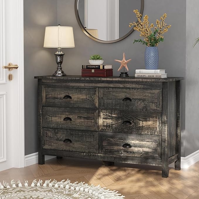 Wananlanen® Farmhouse Dresser for Bedroom, Wooden Tall Rustic Dresser for Bedroom, Hallway (Dark Oak, 6 Drawer)