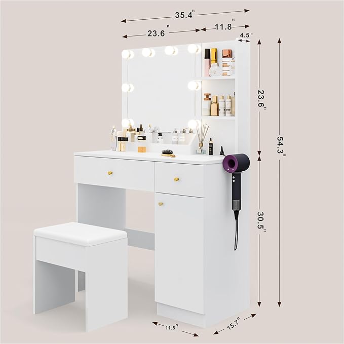 Vanity Desk with Mirror and Lights Dimmable LED Makeup Vanity Table with Drawers Side Cabinet 3 Storage Shelves Power Outlet Dressing Table Set include Holder Cushioned Stool for Bedroom(white)