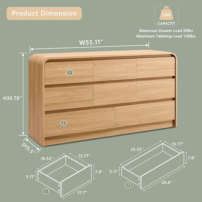 Modern 8 Drawers Dresser for Bedroom, 55" Wide Dressers & Chest of Drawers w/Curved Profile Design, Wood Mid Century Storage Dressers Organizer for Bedroom, Living Room, Natural Oak